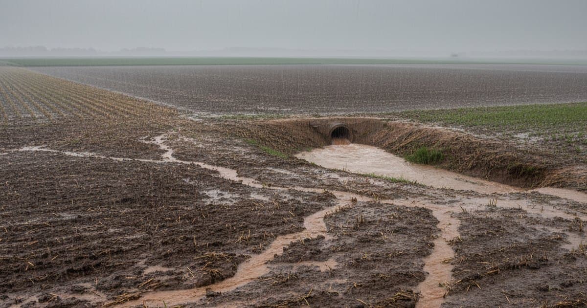 Lluvia intensa cae sobre campos agrícolas y suelo, parte del agua escurre por la superficie y parte se infiltra