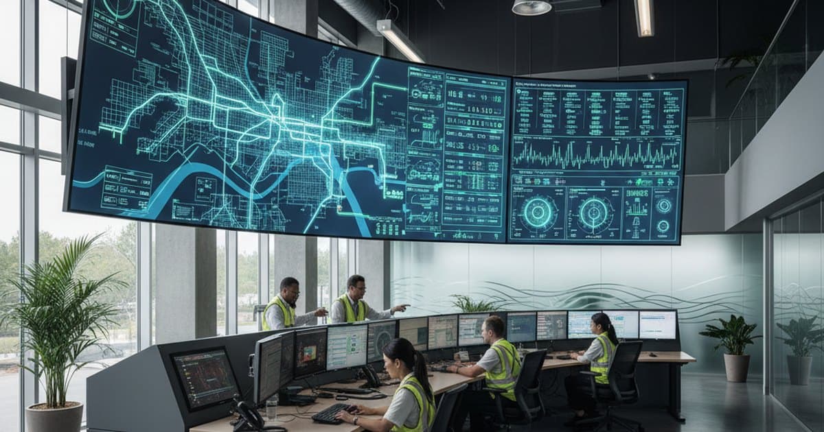 Sala de control con tableros de datos monitoreando una red de distribución de agua