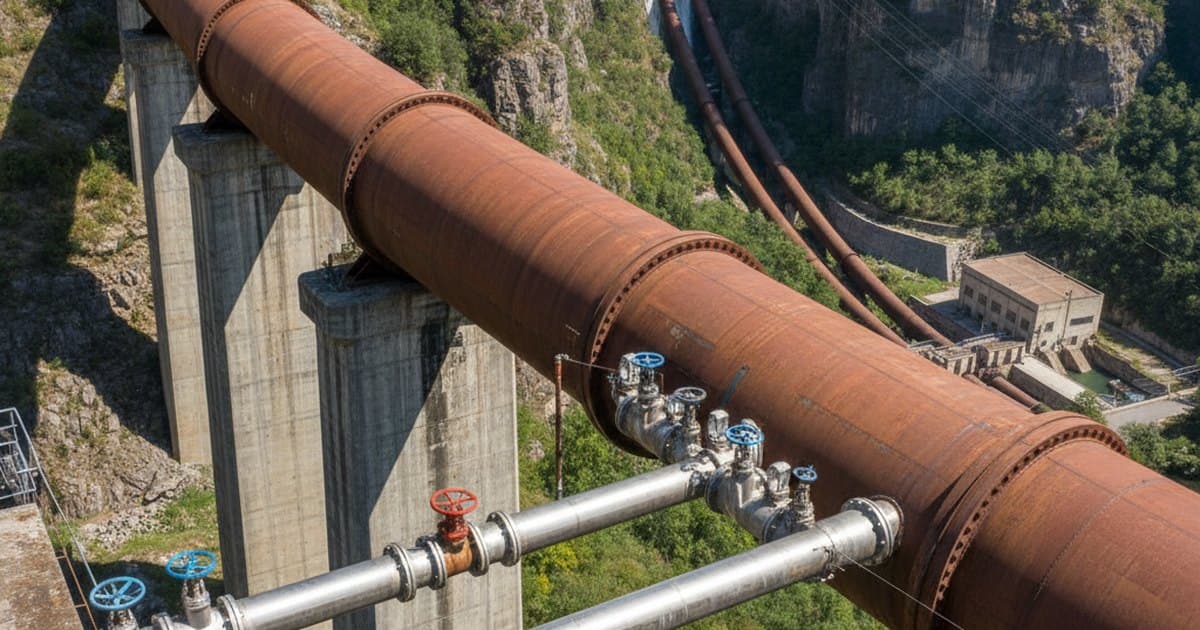 Gran tubería de acero de conducción de agua con manómetros y válvulas en una instalación industrial