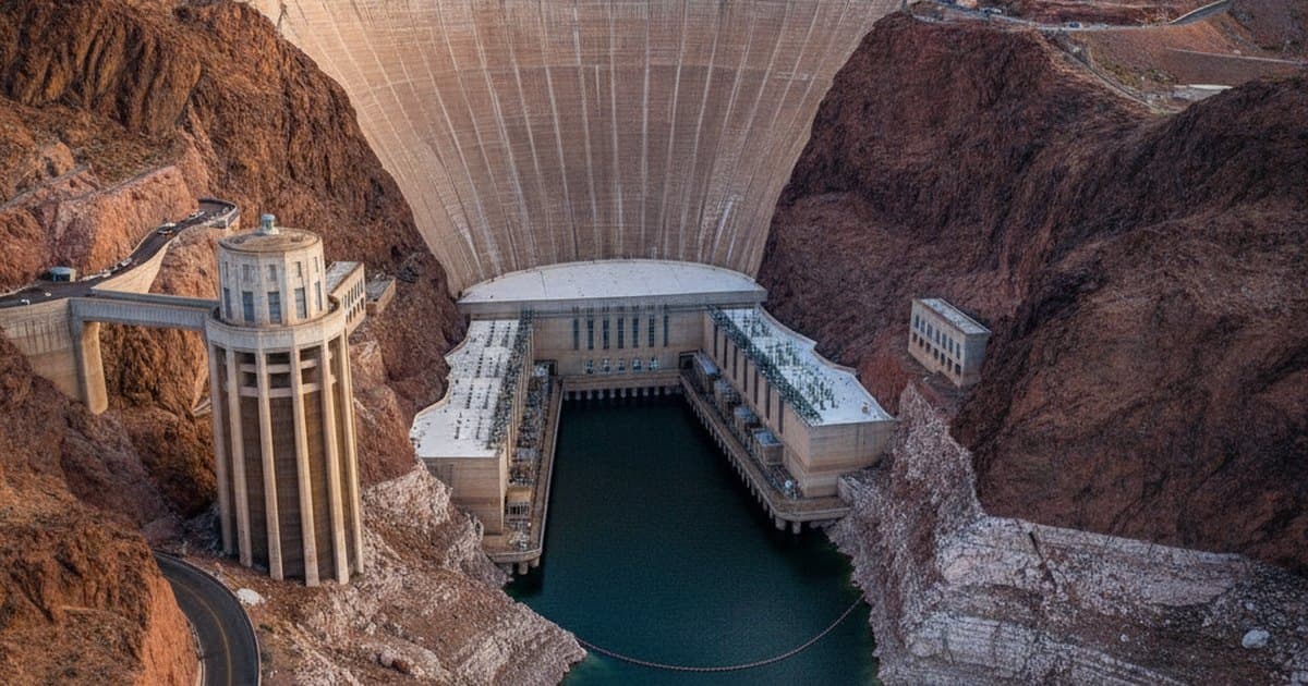 Represa Hoover con el Lago Mead muy bajo, mostrando un ancho anillo blanco de baño en las paredes del cañón