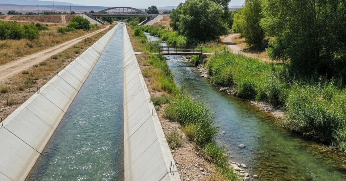 Canal de hormigón y un cauce natural con vegetación comparados lado a lado