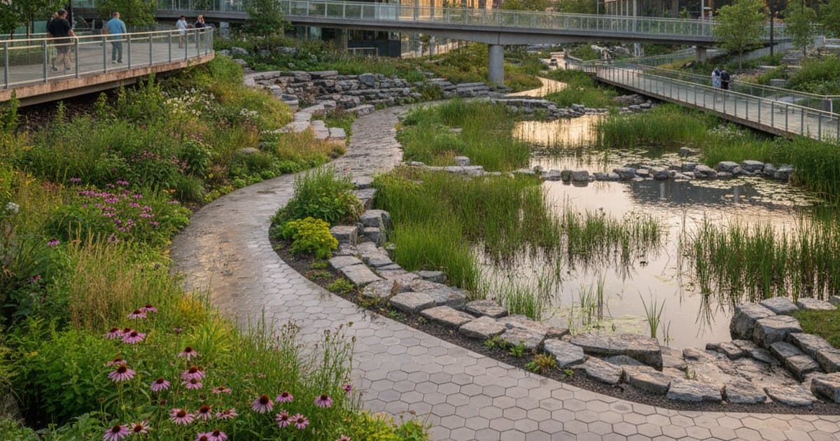 Parque urbano con jardín de lluvia y pavimento permeable absorbiendo agua lluvia