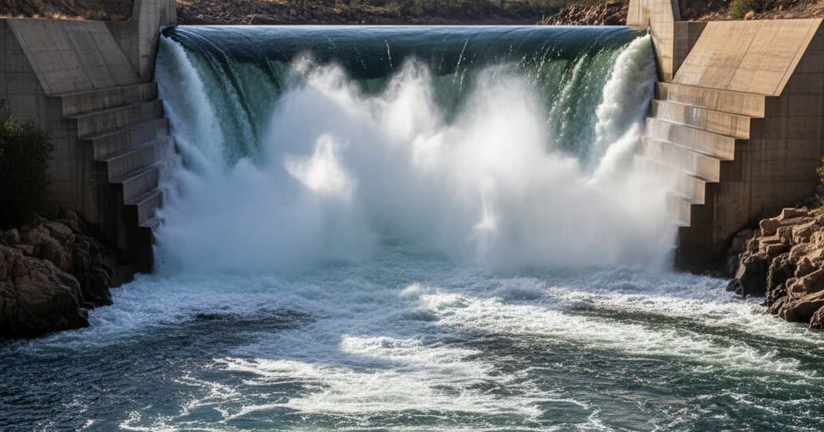 Resalto hidráulico turbulento al pie de un vertedero de hormigón con agua espumosa