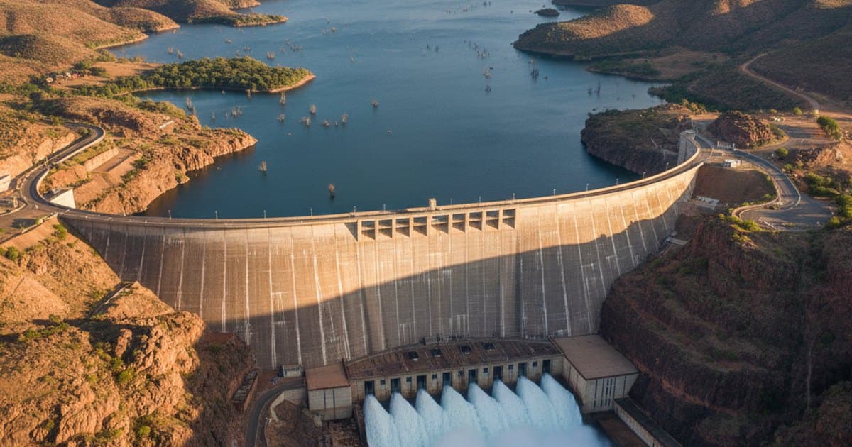 Gran presa hidroeléctrica sobre un río caudaloso, vista aérea