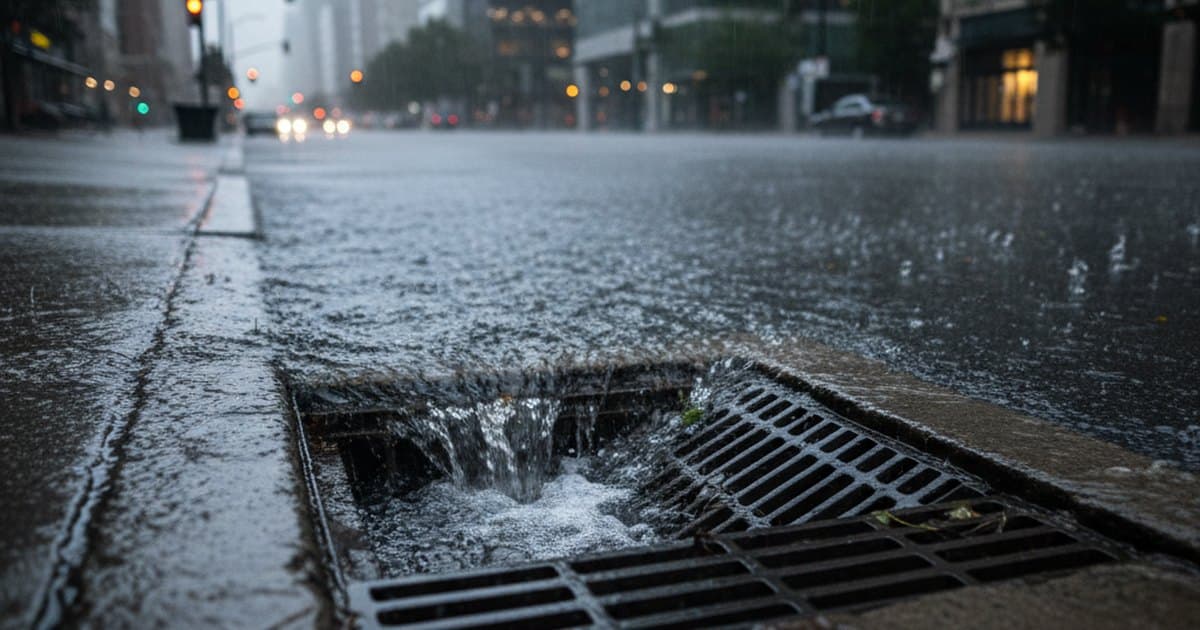 Sumidero y colector de aguas lluvia en una calle de ciudad durante la lluvia