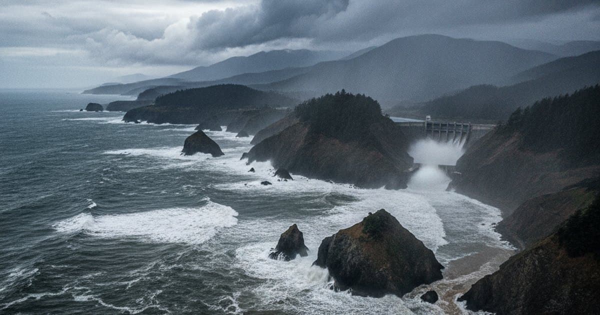 Río atmosférico llegando a una costa montañosa con nubes densas y lluvia intensa sobre el litoral