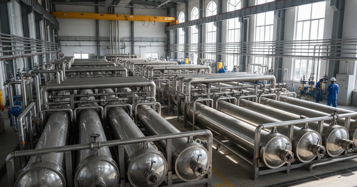 Módulos de membranas de ósmosis inversa instalados en bastidores dentro de una planta de tratamiento de agua