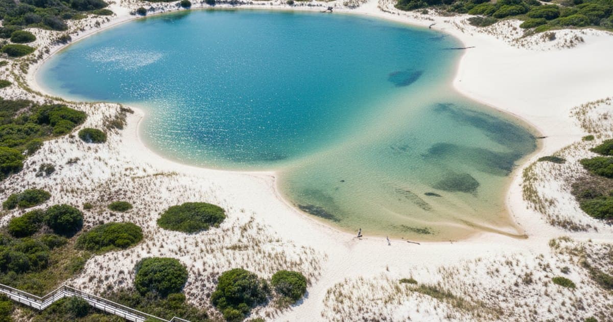 Lago de agua dulce sobre dunas de arena blanca rodeado de vegetación costera