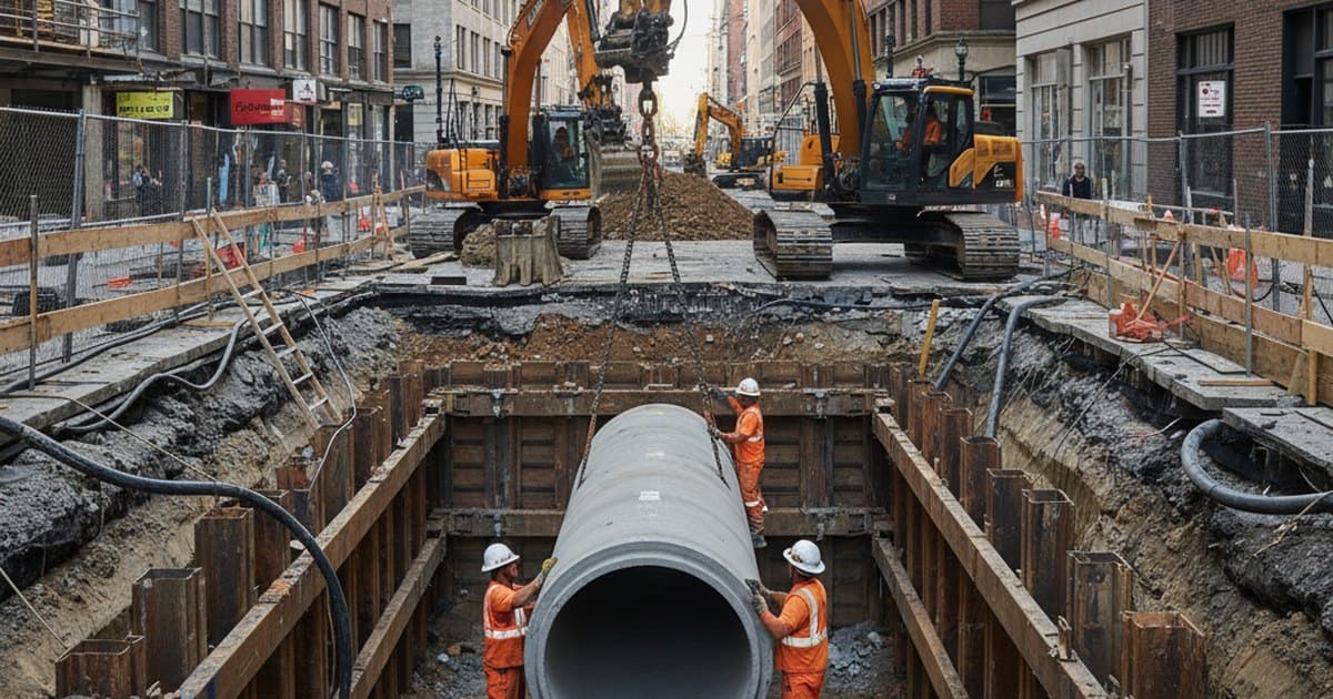 Colector de alcantarillado de gran diámetro en construcción dentro de una zanja urbana profunda