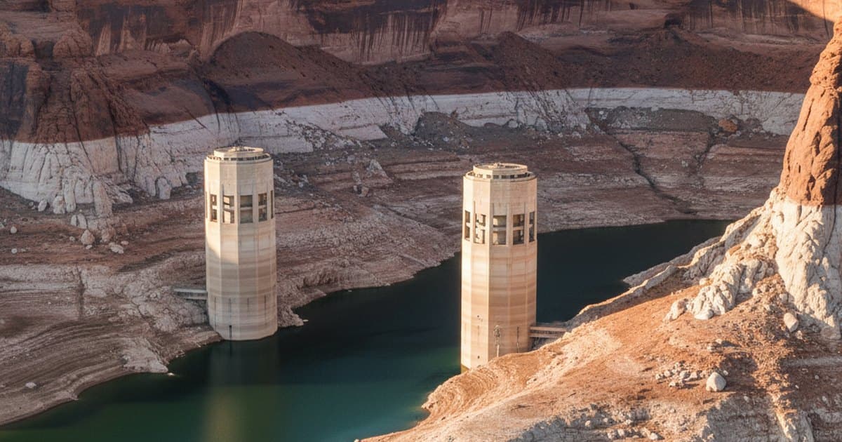 Marca de agua blanca en las paredes de roca de un gran embalse del suroeste de Estados Unidos con el nivel muy bajo