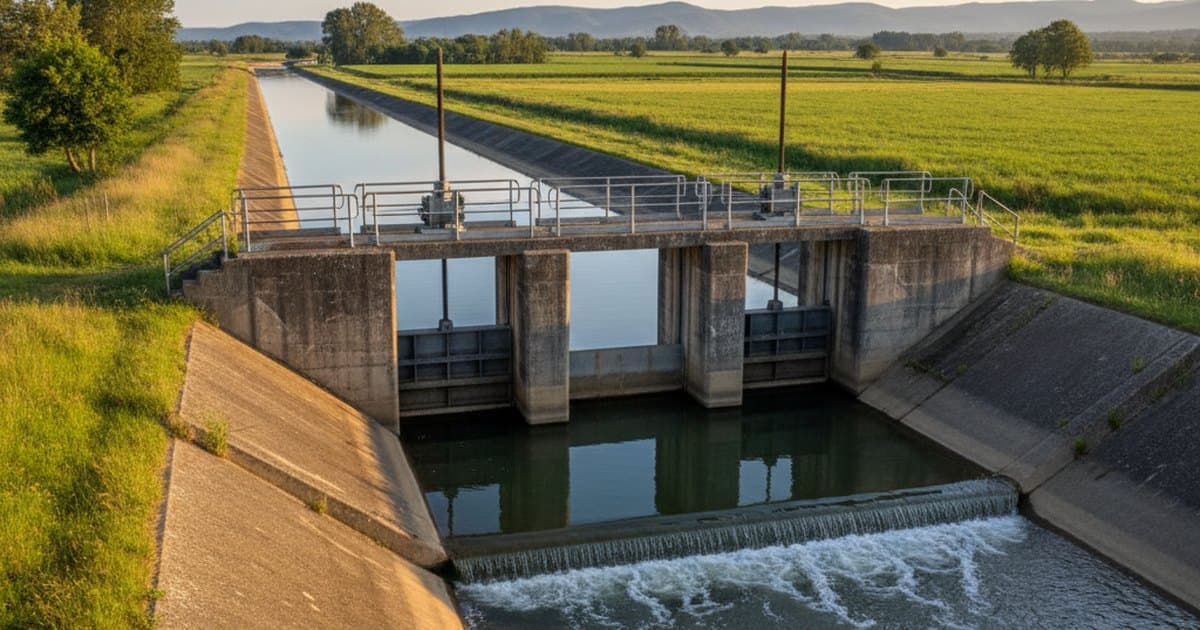 Canal de riego revestido en hormigón con la superficie del agua elevándose suavemente aguas arriba de una compuerta