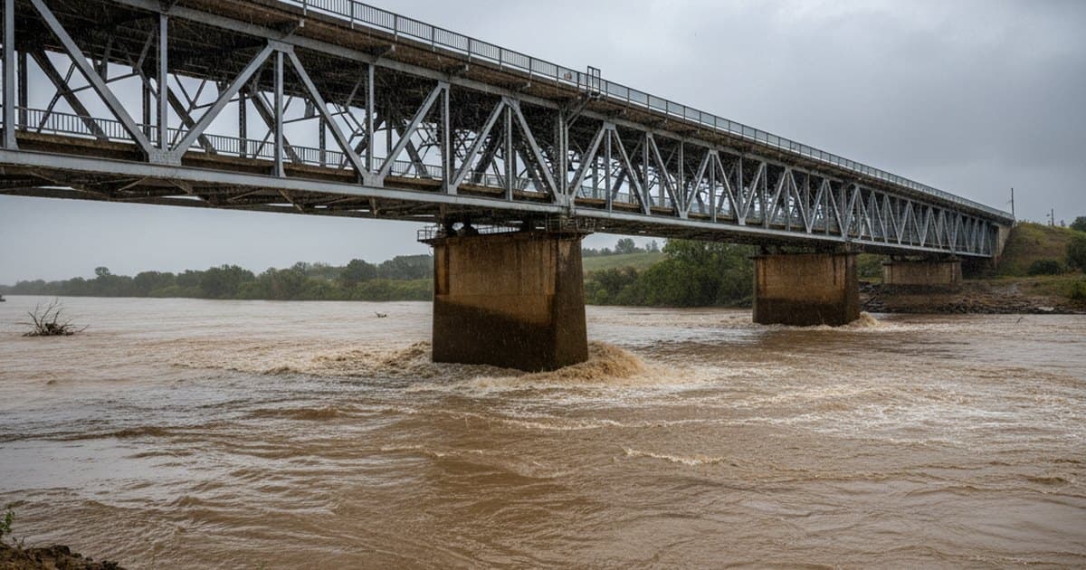 Pila de hormigón de un puente carretero en un río crecido, con agua turbia formando un vórtice en la base