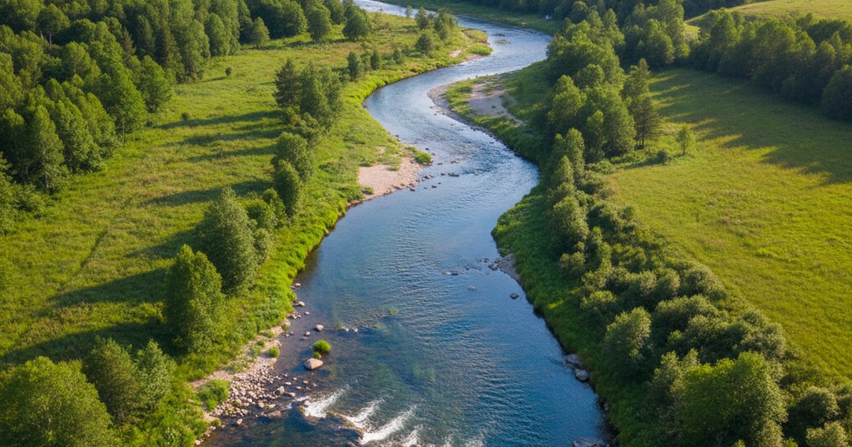 Río con caudal saludable atravesando un valle verde