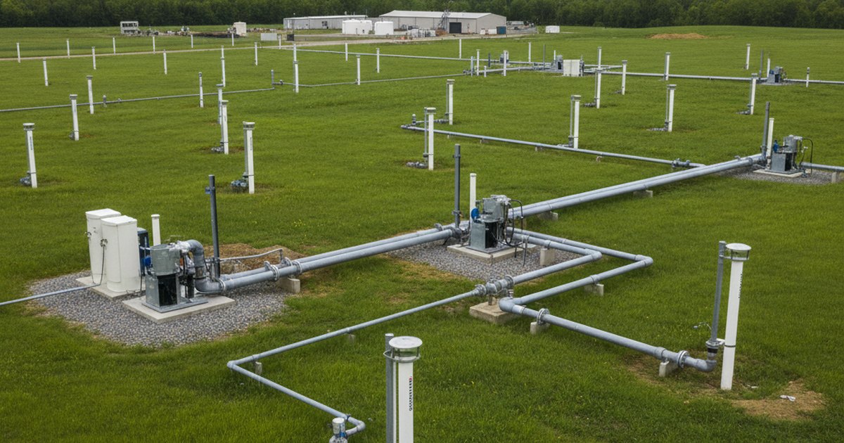 Pozo de monitoreo en un campo durante una remediación de agua subterránea contaminada